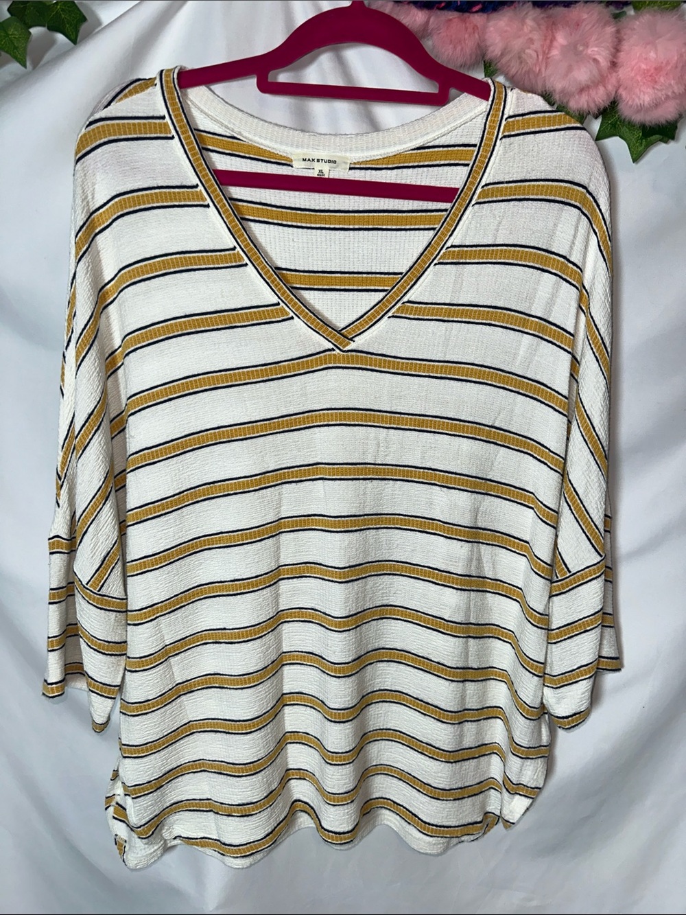 Max Studio Cream and Mustard Striped V-Neck Long Sleeve Top